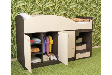 Кровать детская Стрелка с лесенкой, ящиками и шкафчиком