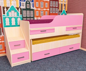 Кровать детская Лёсики двухъярусная с лесенкой, ящиками, столиками
